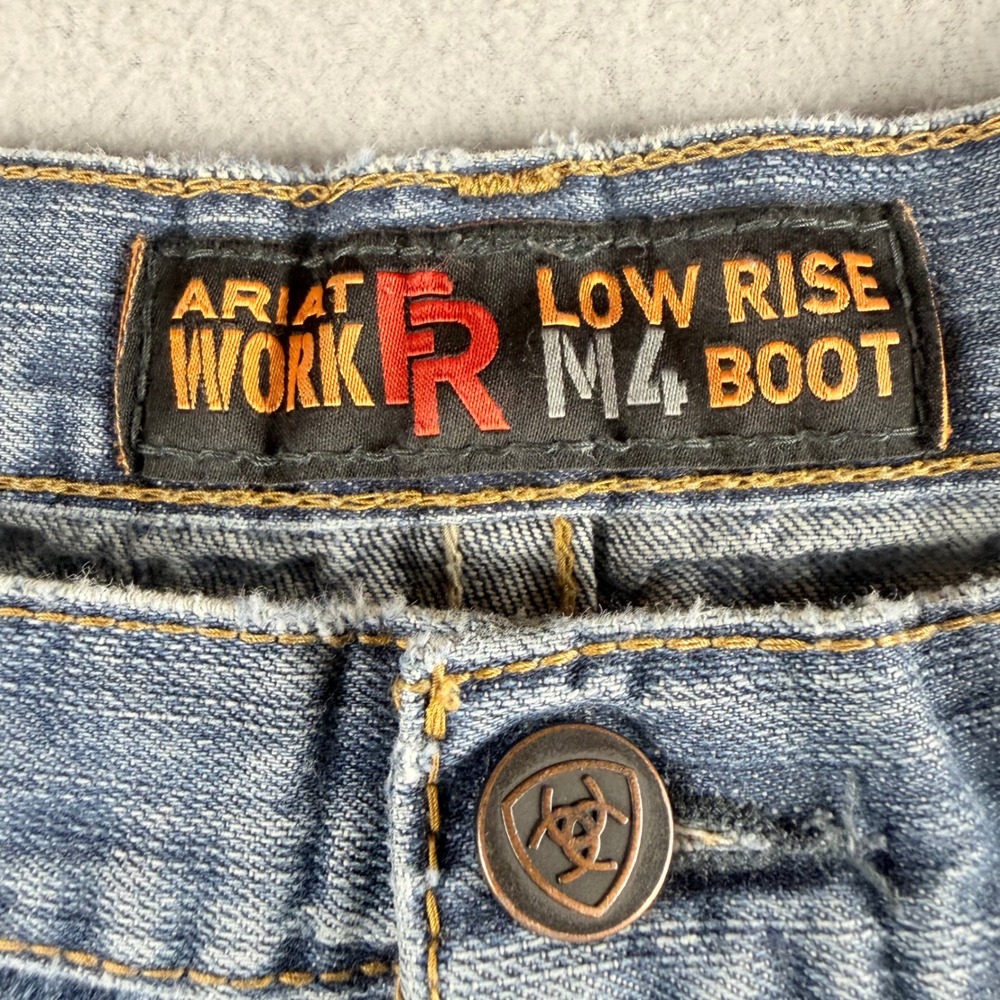 Ariat Work FR M4 Low Rise Boot Cut Jeans Mens 36x30 Blue Distressed Flame Resist